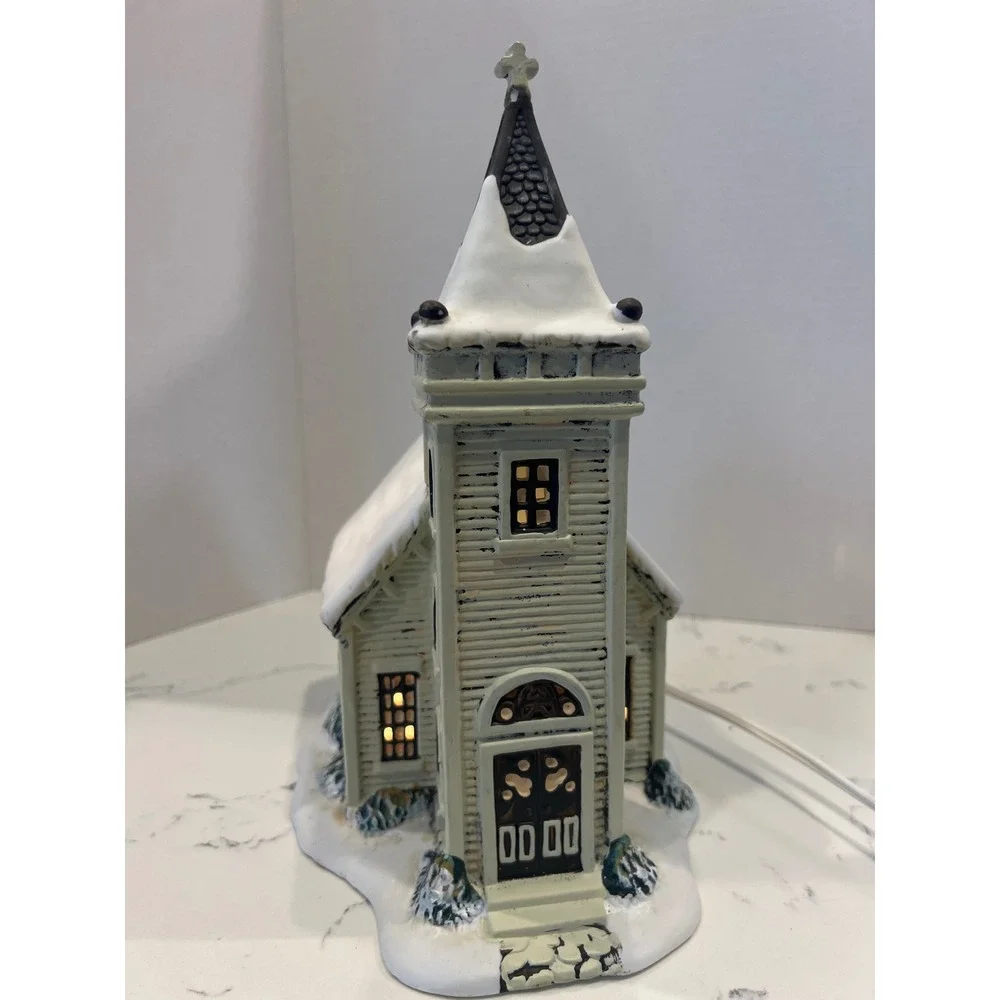 Vintage Style Lighted Christmas Village Church Snow‎ Covered Winter Decor White